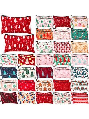 60 Pcs Christmas Makeup Bags Set - Assorted Santa, Trees & Candy Canes, Zipper